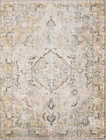 Close-up of Standon Vintage Flat Pile Washable Rug. Features a traditional Persian-style design in blue, mustard, and sage tones. Design-Rectangle-7996