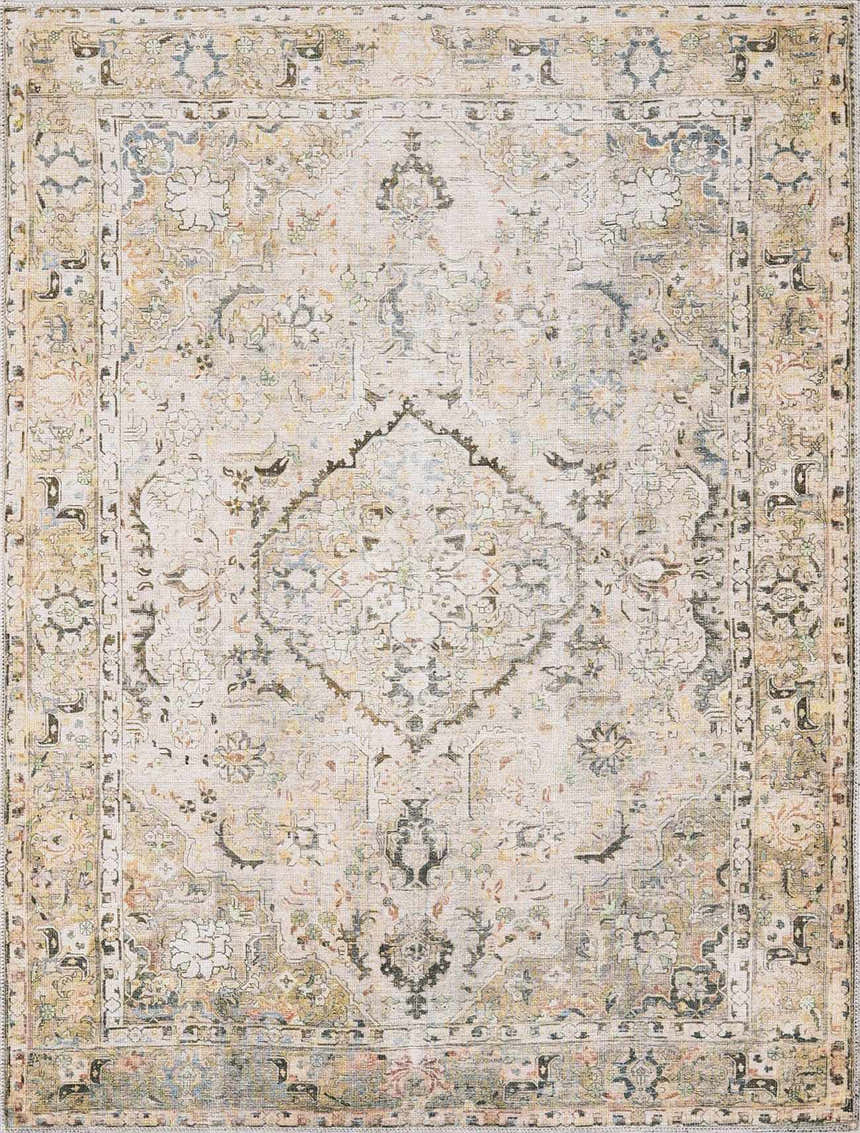 Close-up of Standon Vintage Flat Pile Washable Rug. Features a traditional Persian-style design in blue, mustard, and sage tones. Design-Rectangle-7996