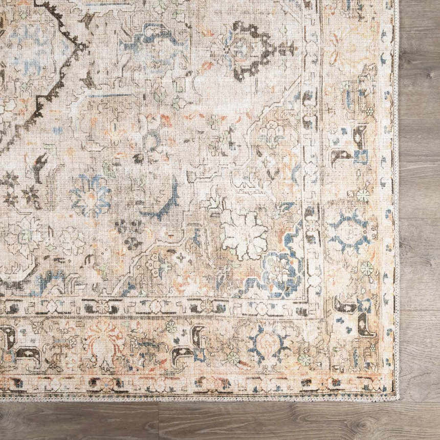 Close-up of the Standon Vintage Flat Pile Washable Rug, showing a traditional Persian-style pattern in blue, orange, and beige tones. Swatch