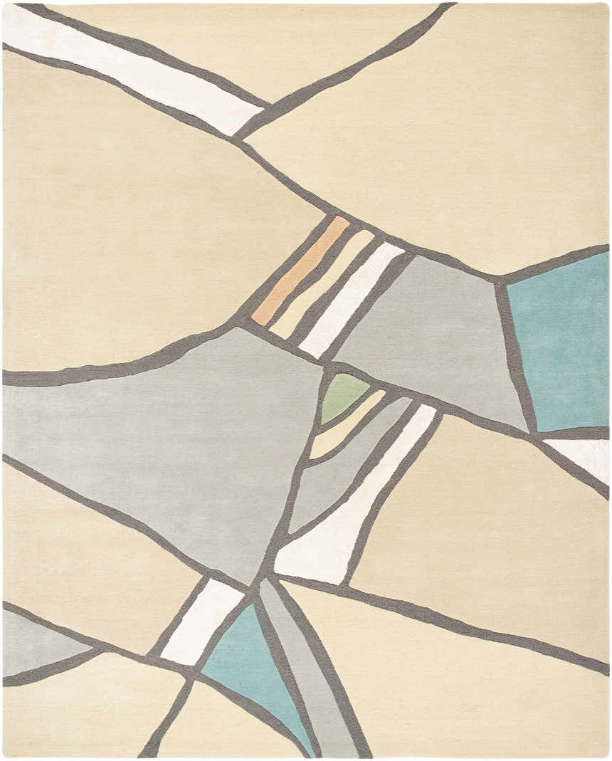 Close-up of the Ashok Area Rug. Hand-tufted wool rug in beige, gray, and teal with a modern geometric pattern. Design-Rectangle-810