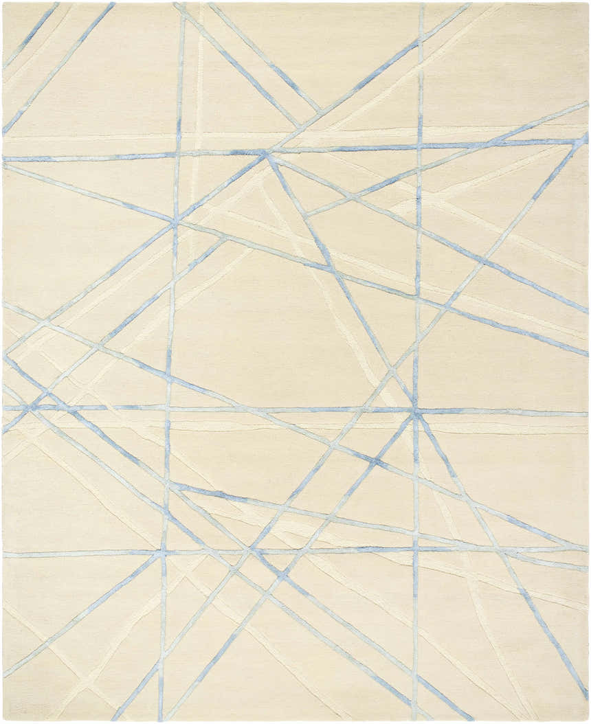 Close-up of Hiba Area Rug. Beige wool rug with a modern geometric pattern of slate blue and bone lines. Hand-tufted texture. Design-Rectangle-810