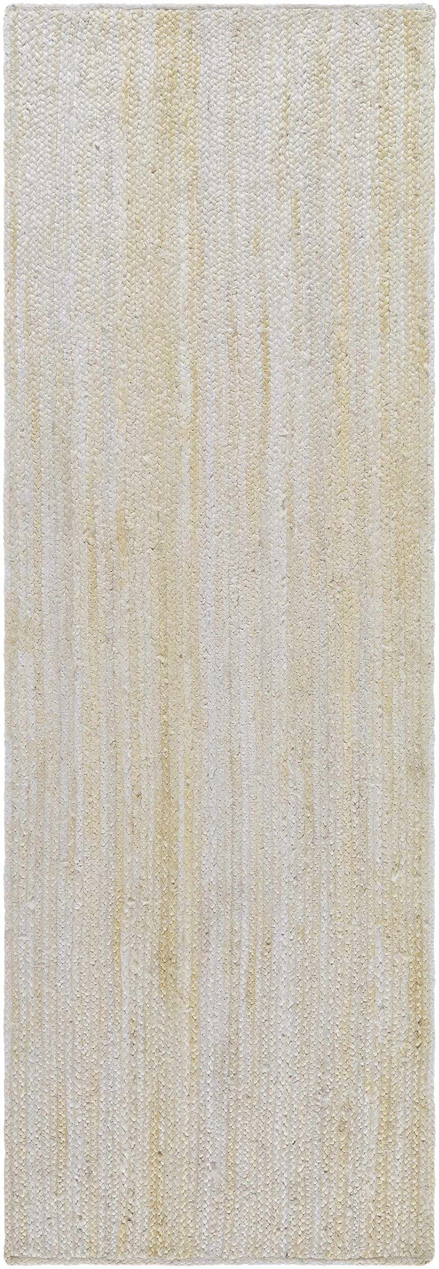 Close-up of Adahy Area Rug. Beige and bone jute rug with a hand-loomed, textured, vertical striped design. Design-Runner-268