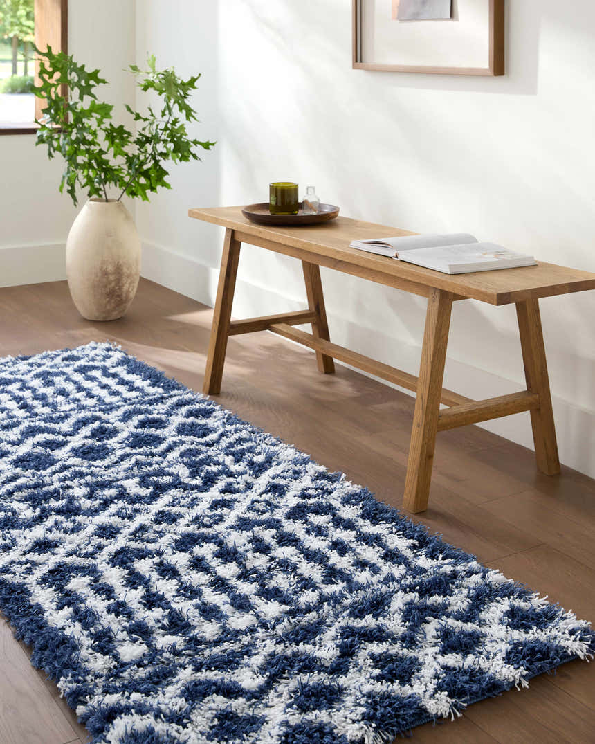 Entryway scene with a blue and white geometric shag Suke Area Rug, wood bench, and hardwood floors. Roomscene-Runner