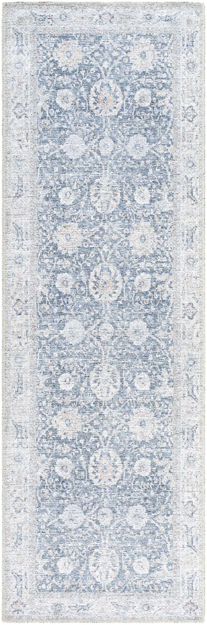 Close-up of Kayin Washable Rug. Silver and silver gray farmhouse style rug with traditional floral pattern and soft chenille texture. Design-Runner-27710