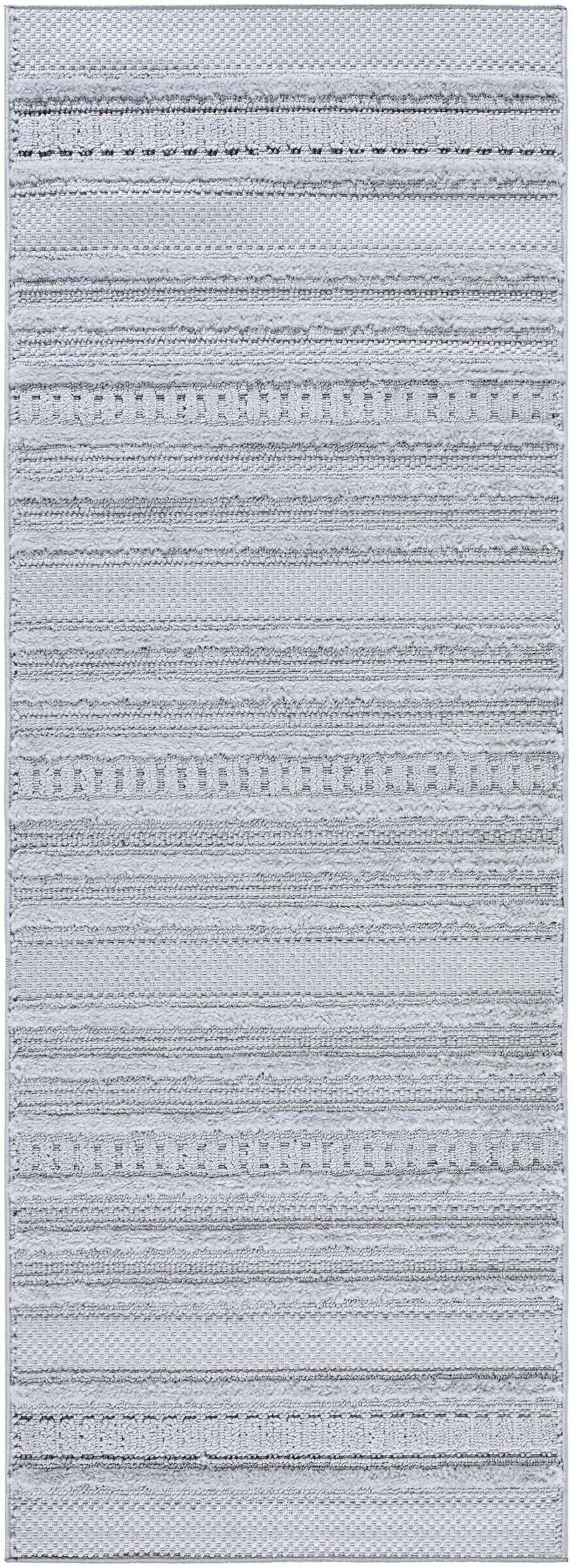 Close-up of the Faris Area Rug; a contemporary rug with gray horizontal stripes and woven texture. Design-Runner-2773