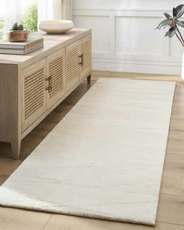 Light silver Soner Area Rug runner in a hallway with wood floors and console table. Roomscene-Runner