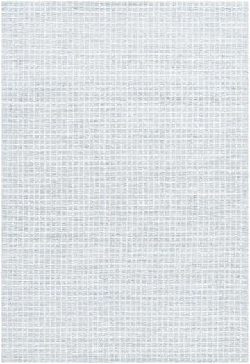Close-up of the hand-tufted Anahid Soft Blue Area Rug. Checkered design in light silver and white, made of 100% wool. Design-Rectangle-576