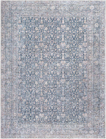 Close-up of the Thera Washable Area Rug; farmhouse style with a traditional blue, navy, and off-white floral pattern. Design-Rectangle-537