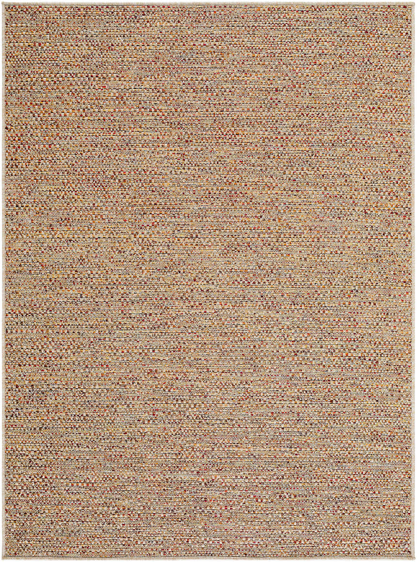 Close-up of Thanh Beige Area Rug showing woven texture and colors: beige, coral, mustard, and terracotta. Design-Rectangle-537