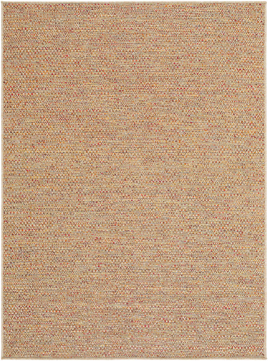 Close-up of the Thanh Beige Area Rug showing its woven texture and beige, coral, mustard, and terracotta colors. Design-Rectangle-57