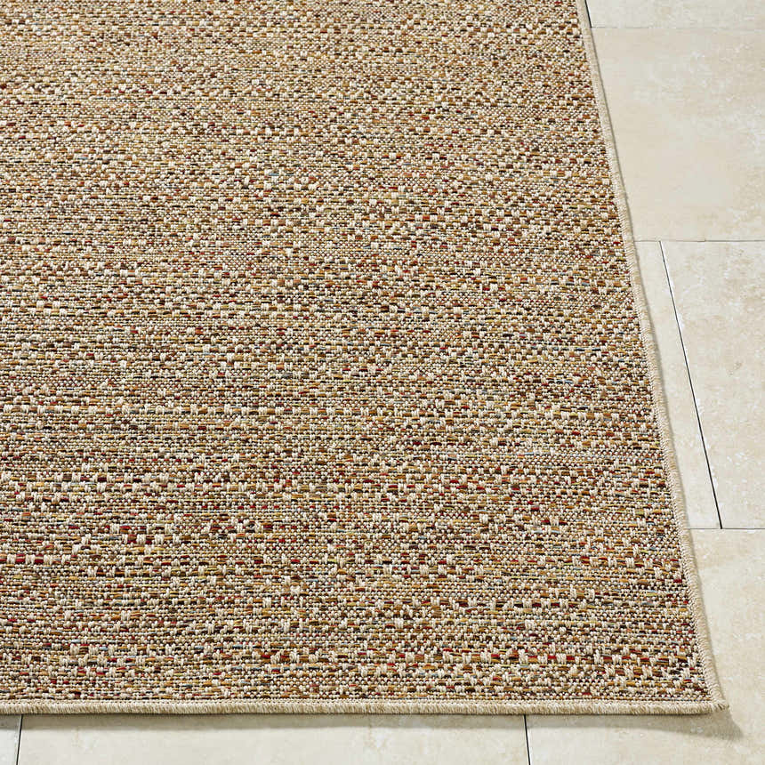 Close-up of the machine woven Thanh Beige Area Rug showing its beige, coral, mustard, and terracotta tones. Front