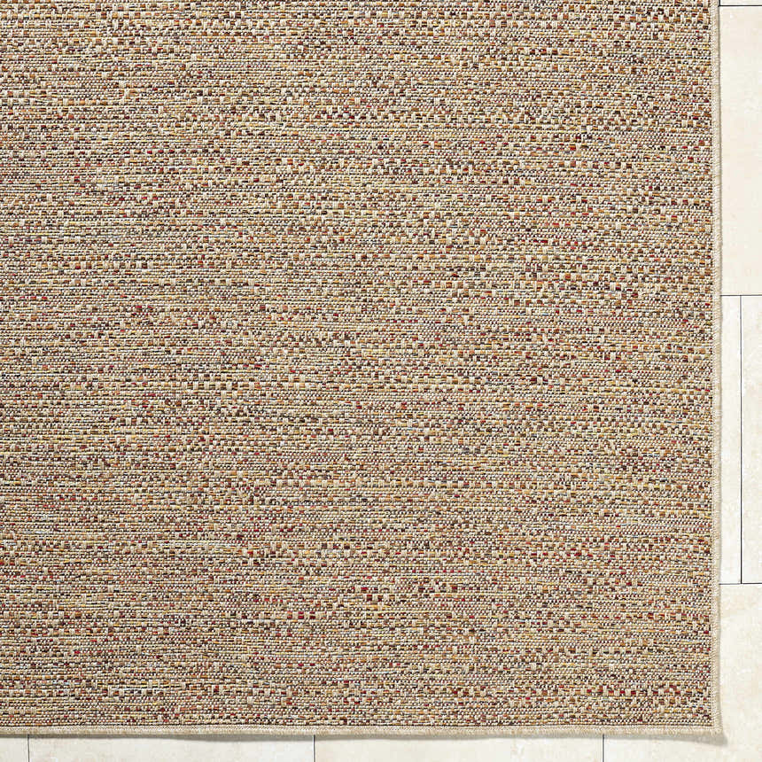 Close-up of the Thanh Beige Area Rug showing its woven texture and beige, coral, mustard, and terracotta colors. Corner