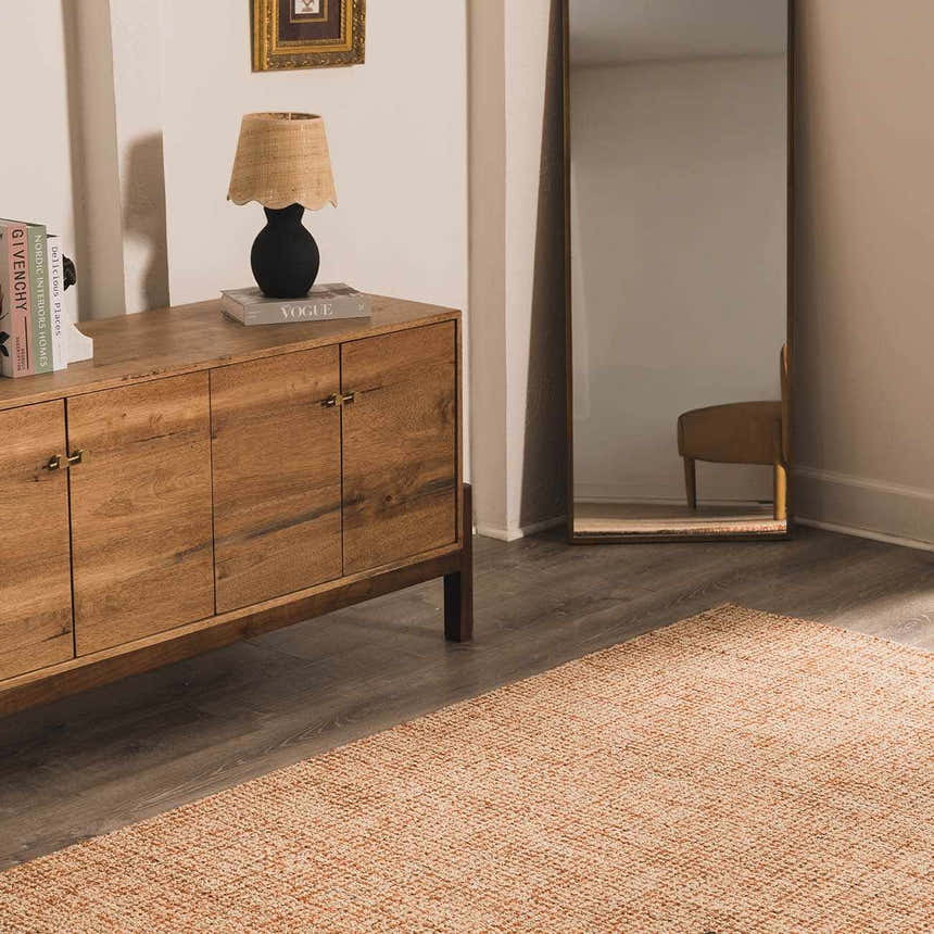 Entryway scene with a Burnt Orange Teresita Area Rug, wood console table, and full-length mirror. Roomscene-Rectangle