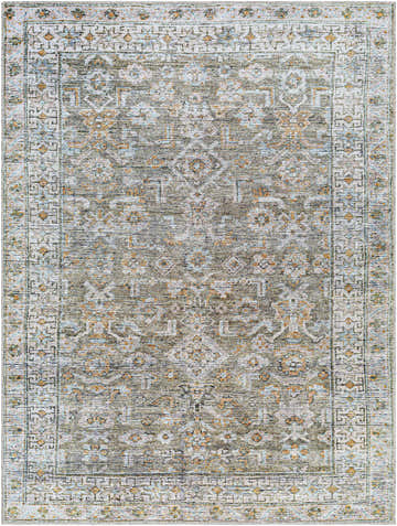 Close-up of the Tisha Washable Area Rug. Farmhouse style rug with traditional gray, tan, and silver floral pattern. Design-Rectangle-537