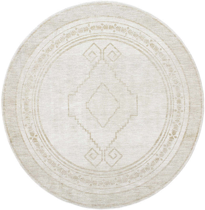 Close-up of round Taban Luxe Rug. Ash, light silver, and silver gray farmhouse style rug with geometric and floral pattern. Design-Round-7