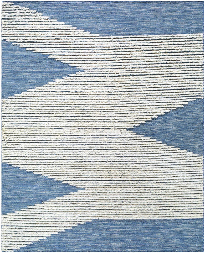 Close-up of the Thika Area Rug. Bright blue wool rug with cream shag stripes in a geometric, hand woven design. Design-Rectangle-810