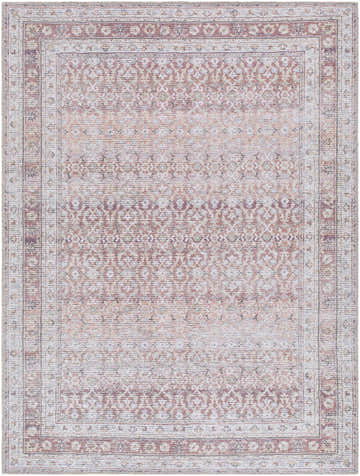 Close-up of the Tosca Washable Area Rug. Machine woven rug with a traditional pattern in beige, cream, and dark red. Design-Rectangle-537