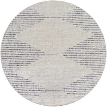 Close-up of a round Stephan Gray & Blue Outdoor Rug with a subtle horizontal stripe pattern in gray, oatmeal, and pale blue. Design-Round-67
