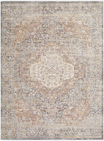 Close-up of the Tulio Area Rug. Traditional design in cream, dark red, gray, mustard, and orange hues. Machine woven polyester rug. Design-Rectangle-537