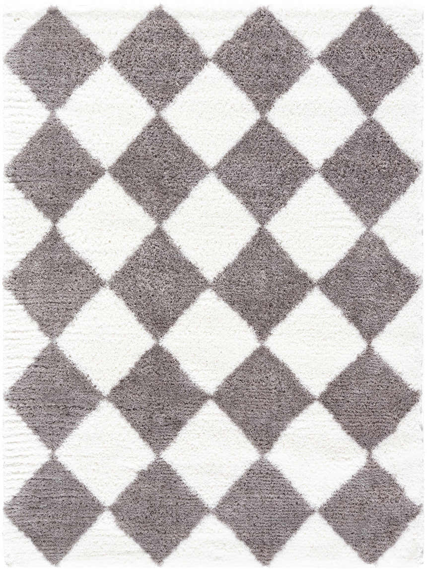 Close-up of Achaia Dark Gray Area Rug with a diamond pattern in gray and ivory shag texture. Design-Rectangle-537
