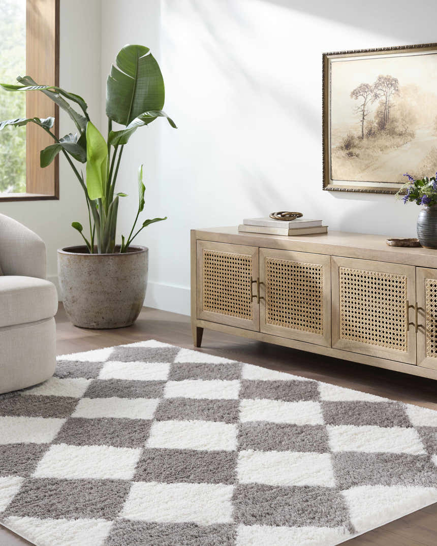 Living room scene with a gray and white checkerboard Achaia Dark Gray Area Rug, light wood cabinet, and potted plant. Roomscene-Rectangle