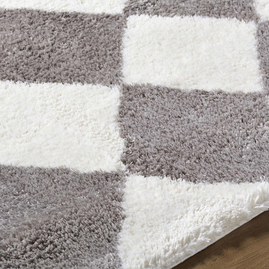 Close-up of the Achaia Dark Gray Area Rug, a shag rug with a gray and ivory checkerboard pattern. Texture