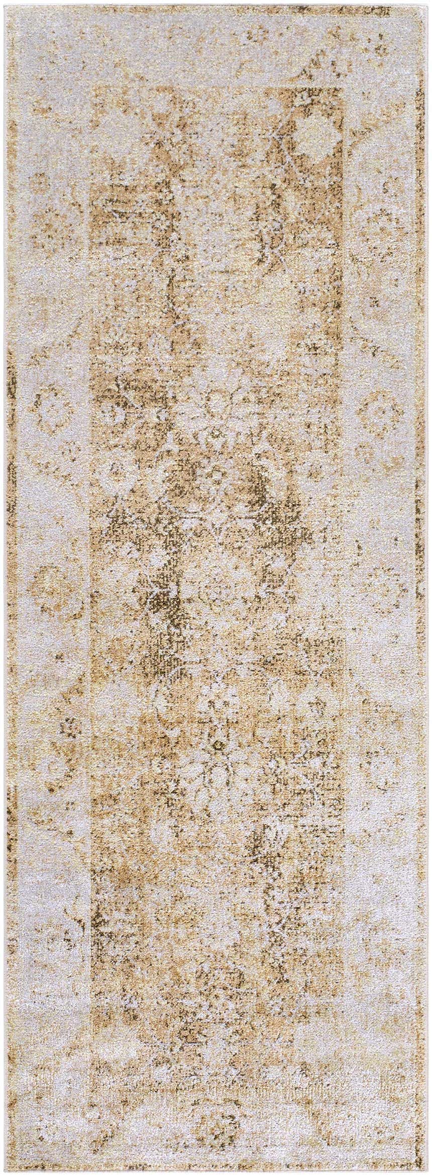 Close-up of the Aniyah Washable Area Rug; farmhouse style with ash, pearl, prairie dust, and tan tones. Design-Runner-2773