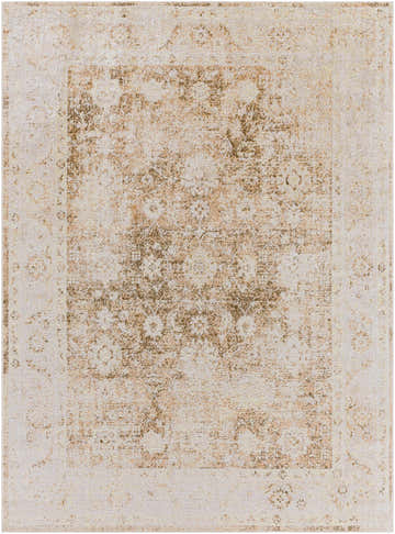 Close-up of the Aniyah Washable Area Rug. Farmhouse style rug in ash, pearl, prairie dust, and tan colors. Machine woven texture. Design-Rectangle-537