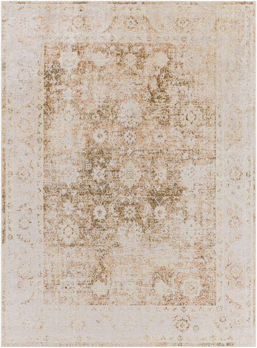 Close-up of the Aniyah Washable Area Rug. Farmhouse style rug in ash, pearl, prairie dust, and tan colors. Machine woven texture. Design-Rectangle-537