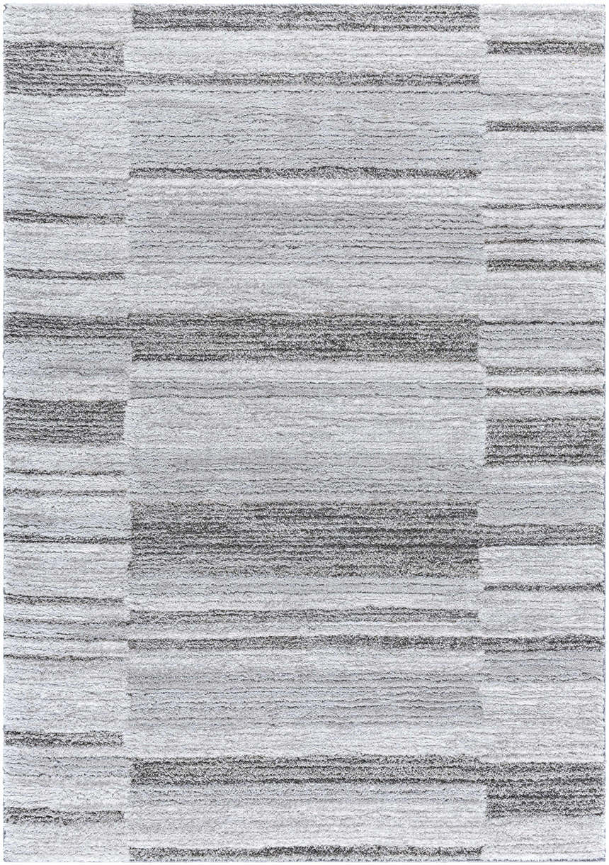 Close-up of the Tayla Shag Area Rug. Light silver, sage, silver gray, and slate blue horizontal stripes and blocks. Soft shag texture. Design-Rectangle-537