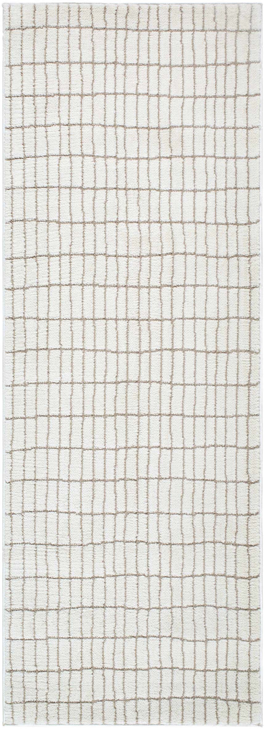 Close-up of Cascade White Area Rug. Ivory polyester rug with a taupe grid pattern. Farmhouse style, machine woven texture. Design-Runner-273