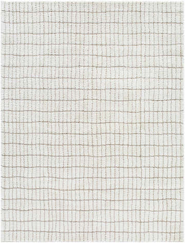 Close-up of Cascade White Area Rug, featuring an ivory base with a subtle taupe grid pattern and soft, textured weave. Design-Rectangle-537