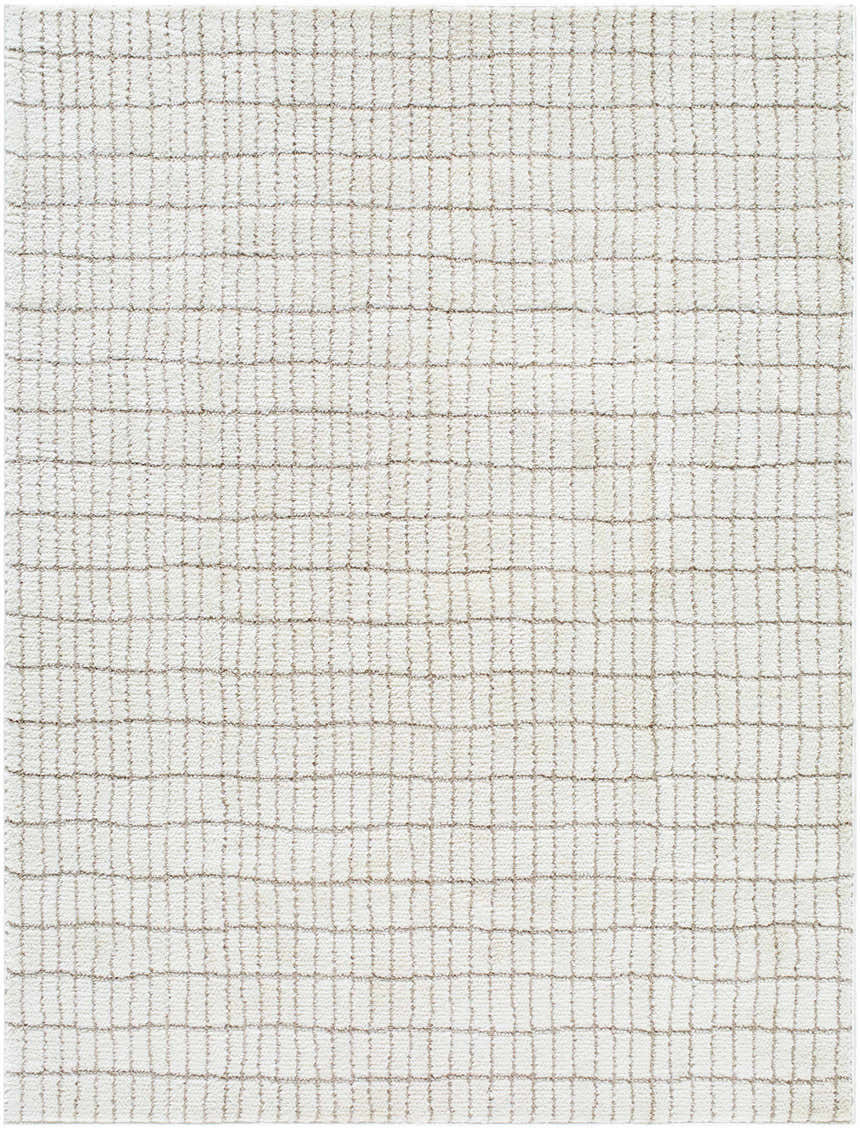 Close-up of Cascade White Area Rug, featuring an ivory base with a subtle taupe grid pattern and soft, textured weave. Design-Rectangle-537