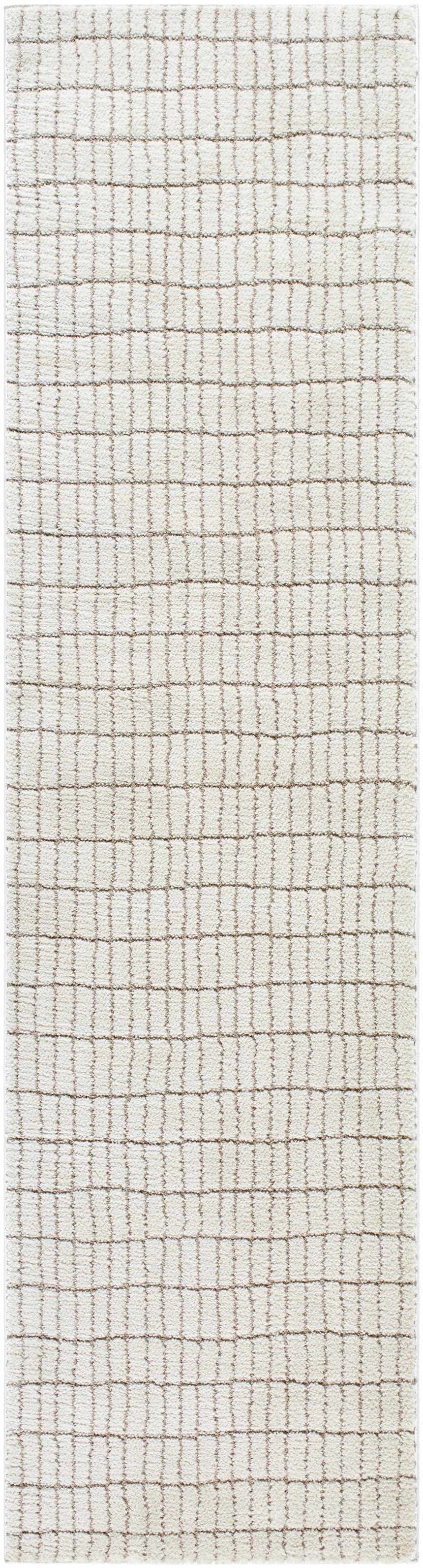 Close-up of the Cascade White Area Rug featuring a taupe grid pattern on an ivory, textured polyester weave. Design-Runner