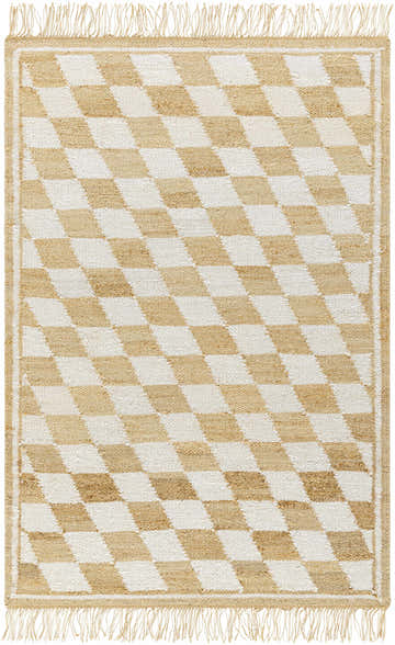 Close-up of the Tiria Diamond Checkered Jute Tasseled Rug. Camel and off-white diamond pattern with jute texture. Design-Rectangle-576