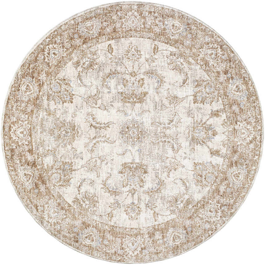 Close-up of the round Tylie Blue Area Rug. Cream rug with light brown, tan, and blue traditional floral pattern. Design-Round-53