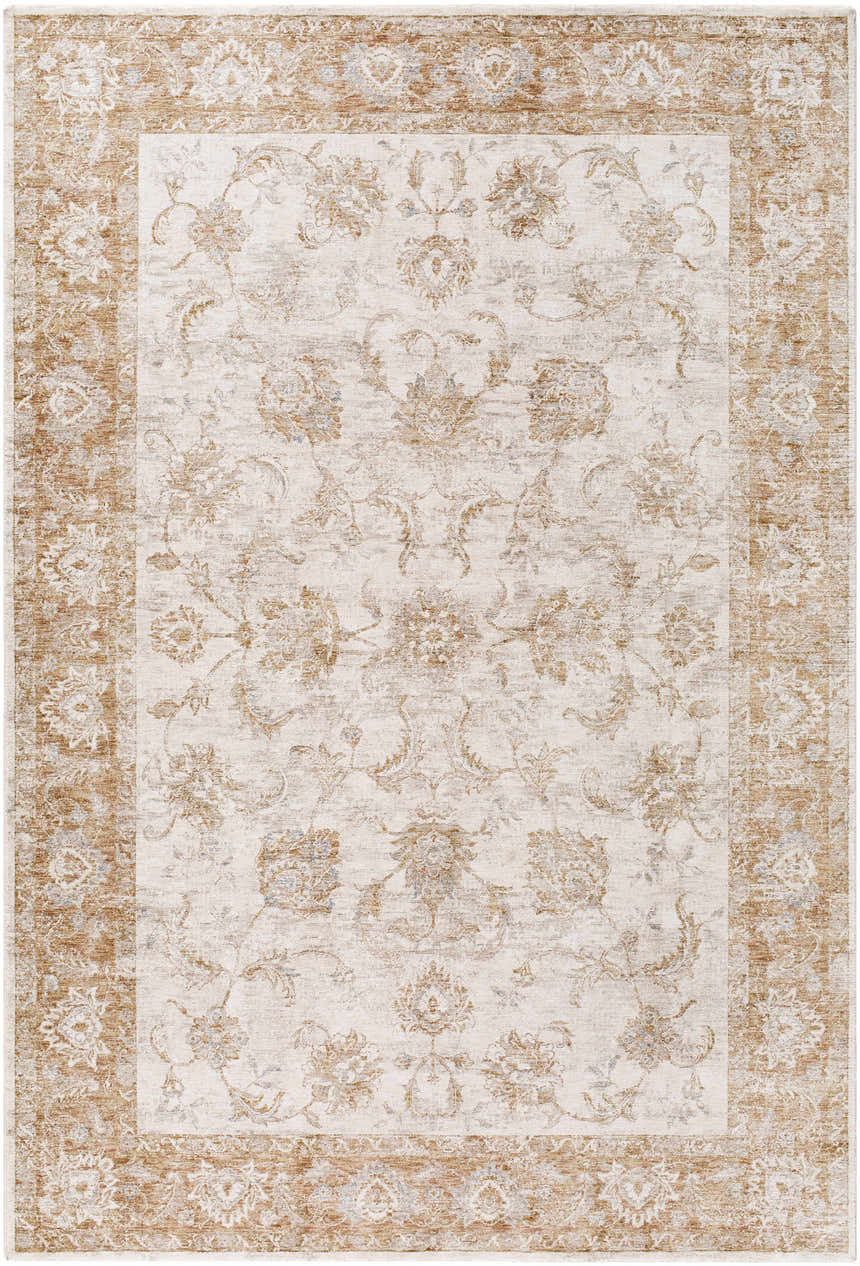 Close-up of the Tylie Blue Area Rug, a farmhouse style rug with cream, tan, and light brown floral pattern. Design-Rectangle-6796