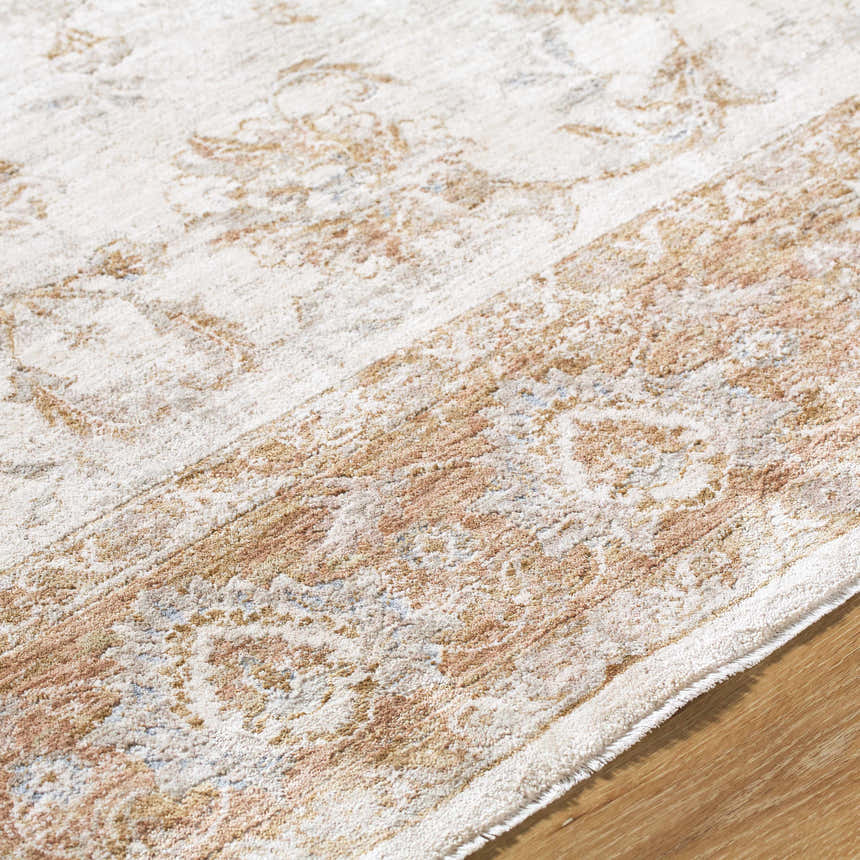 Close-up of the Tylie Blue Area Rug showing its cream, tan, and light brown traditional pattern and soft texture. Texture