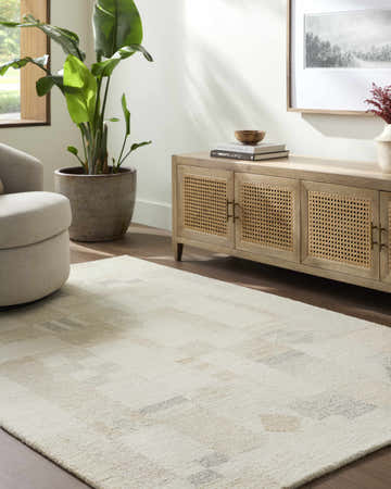 Living room scene with a light gray Tovah area rug, beige swivel chair, and light wood media cabinet. Roomscene-Rectangle