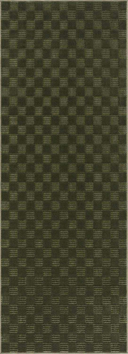 Close-up of the Truls 3D Checkered Washable Rug. Green checkered pattern with a textured feel. Machine woven polyester rug. Design-Runner-2773