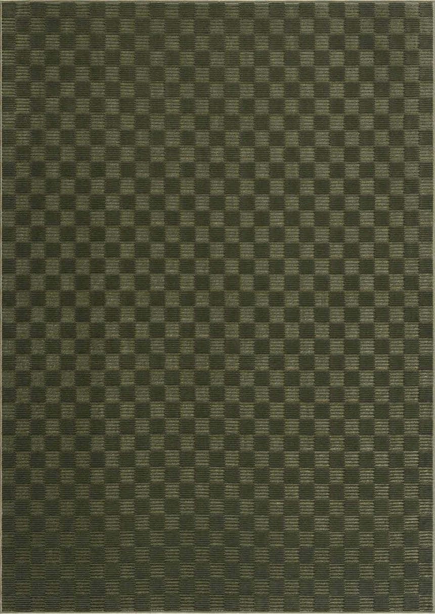 Close-up of the Truls 3D Checkered Washable Rug, green polyester with a subtle checkered pattern and textured weave. Design-Rectangle-5373