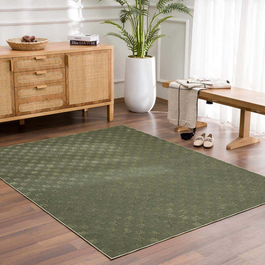 Entryway with a green Truls 3D Checkered Washable Rug, wood console table, bench, and a potted plant. Roomscene-Rectangle