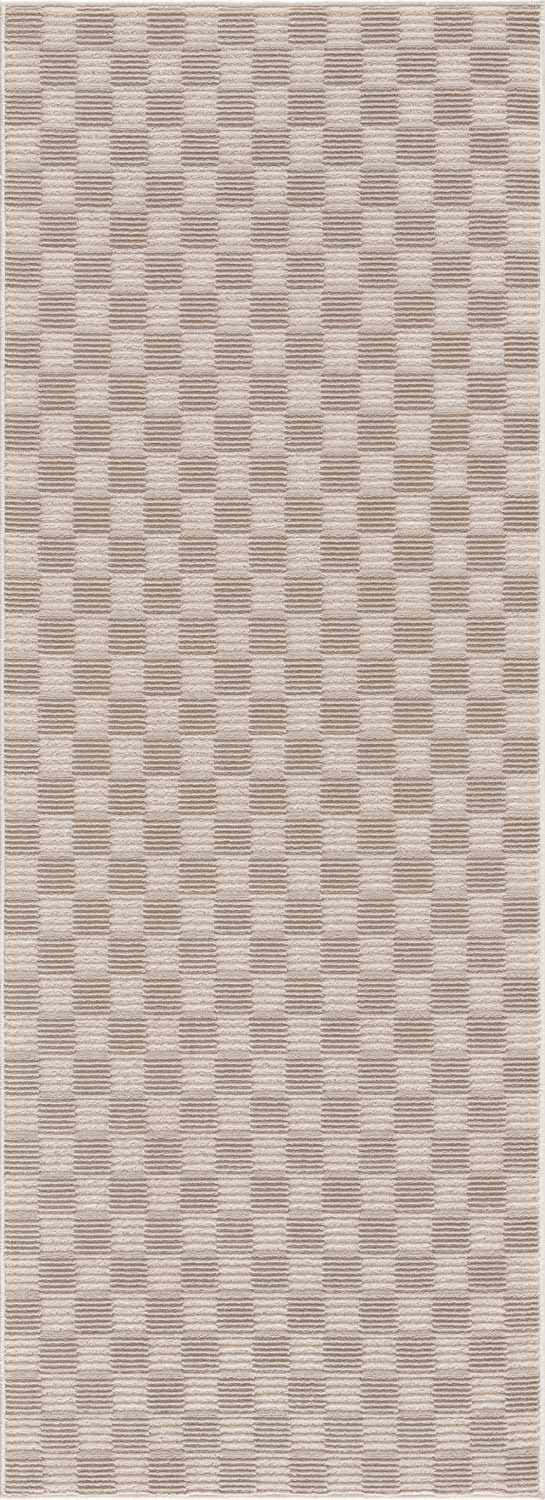 Close-up of the Truls 3D Checkered Washable Rug - Biscotti. Beige, cream, and peach tones create a modern checkered pattern. Design-Runner-2773