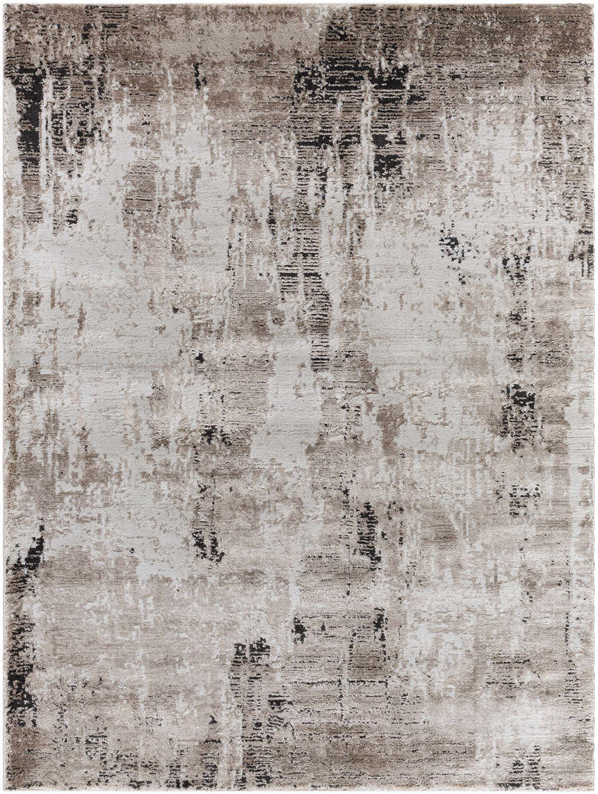 Close-up of the Taszi Luxe Thick Area Rug. Contemporary design with black, ivory, peach, and tan colors. Machine woven texture. Design-Rectangle-537