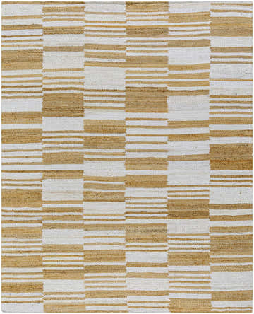 Close-up of Thyra Broken-Striped Jute Rug. Hand-woven rug with a farmhouse style, featuring tan and off-white broken stripes. Design-Rectangle-810