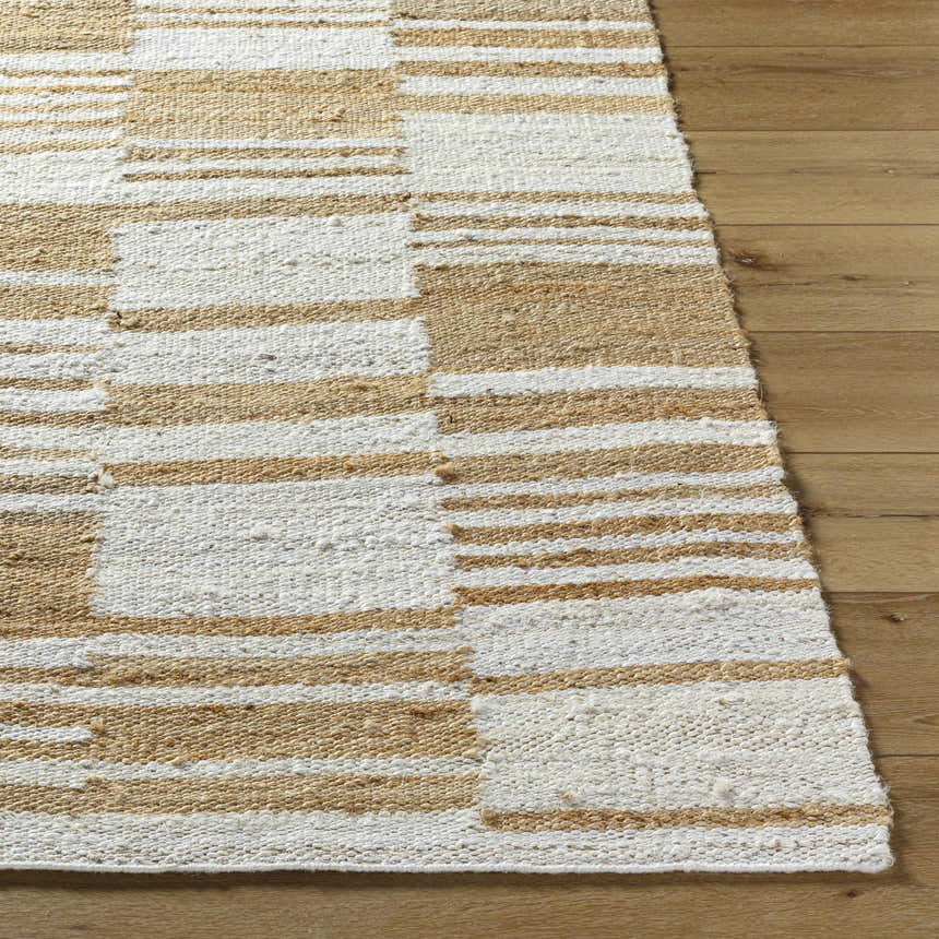 Close-up of Kamey Handmade Becki Owens x LIVABLISS BOKY-2307 Area Rug. Ivory, sandstone, and yellow jute with woven texture. Front