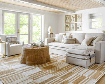 Living room scene with a Thyra Broken-Striped Jute Rug, off-white sofa, wicker coffee table, and natural light. Roomscene-Rectangle