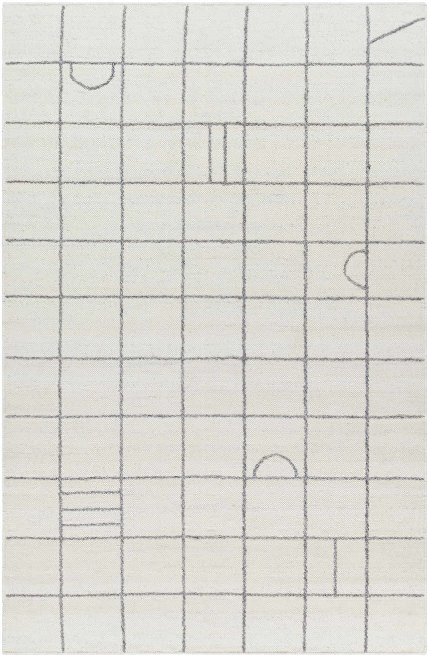 Close-up of the Tieve Black & White Grid Wool Rug, a hand-woven rug with a cream background and gray grid pattern. Design-Rectangle-576