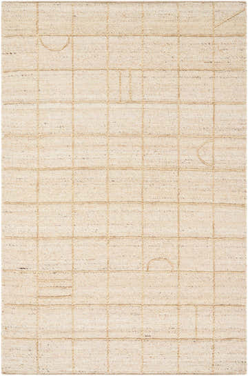 Close-up of the Tieve Area Rug. Beige wool rug with a contemporary grid pattern and textured, hand-woven construction. Design-Rectangle-576