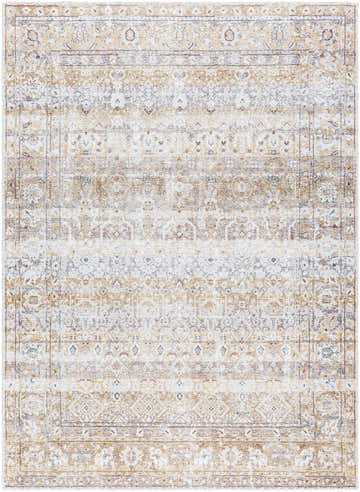 Close-up of the Tywin Vintage Flat Pile Washable Rug. Beige, charcoal, and brown tones with a traditional, distressed pattern. Design-Rectangle-5373